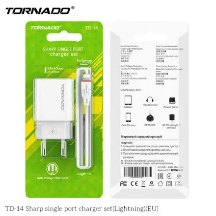 Сетевое Зарядное Устройство 2in1 TORNADO TD-14 (1USB 2.1A)  Lightning