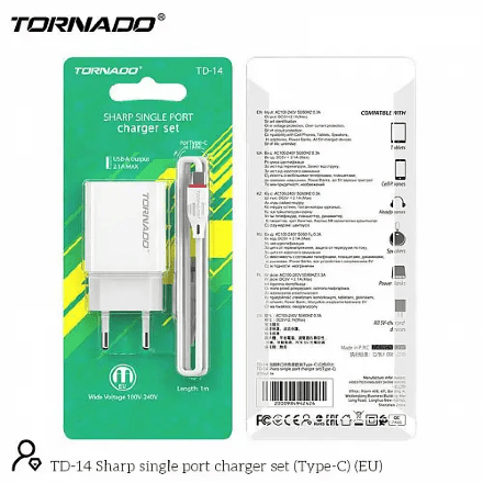 Сетевое Зарядное Устройство 2in1 TORNADO TD-14 (1USB/2.1A)  Type-C