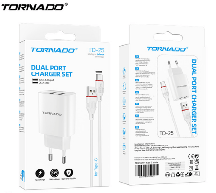 Сетевое Зарядное Устройство 2in1 TORNADO TD-25 (2USB Super Fast Dual Charge) Type-C